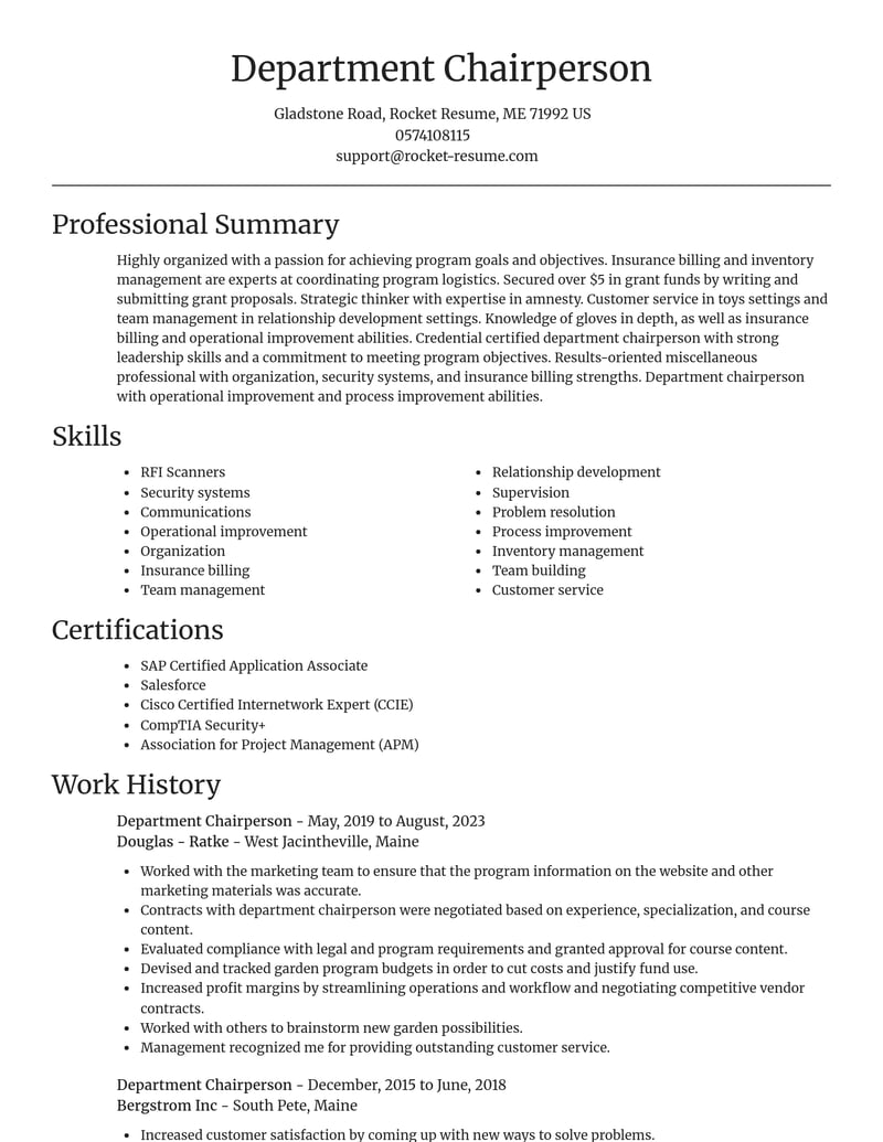 department chairperson misc resume focal point template 1 foc