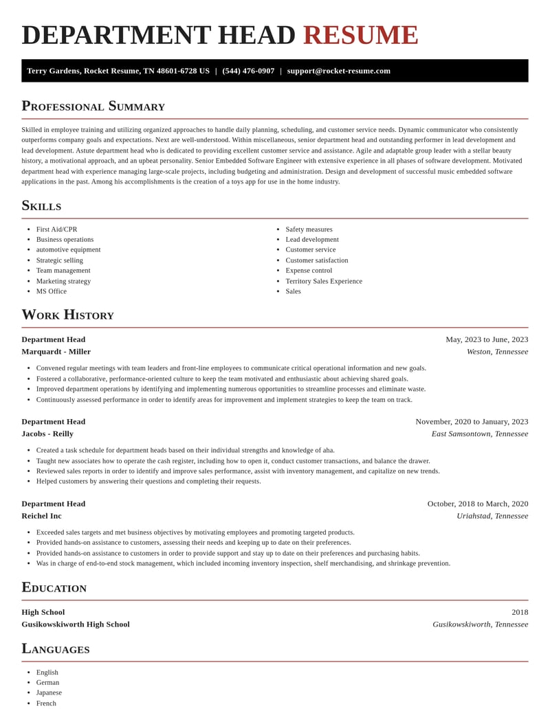 Department Head Resume Maker | Rocket Resume