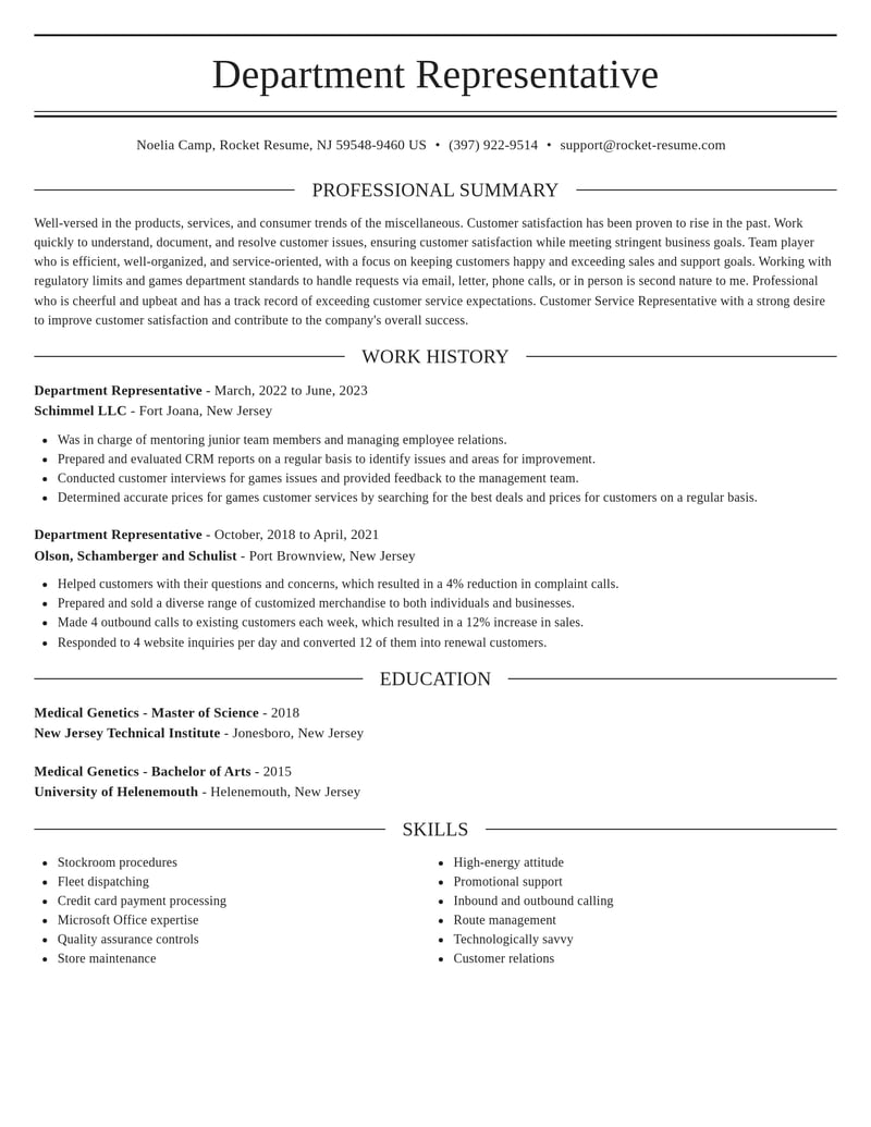 department representative misc resume elegant template 1 ele
