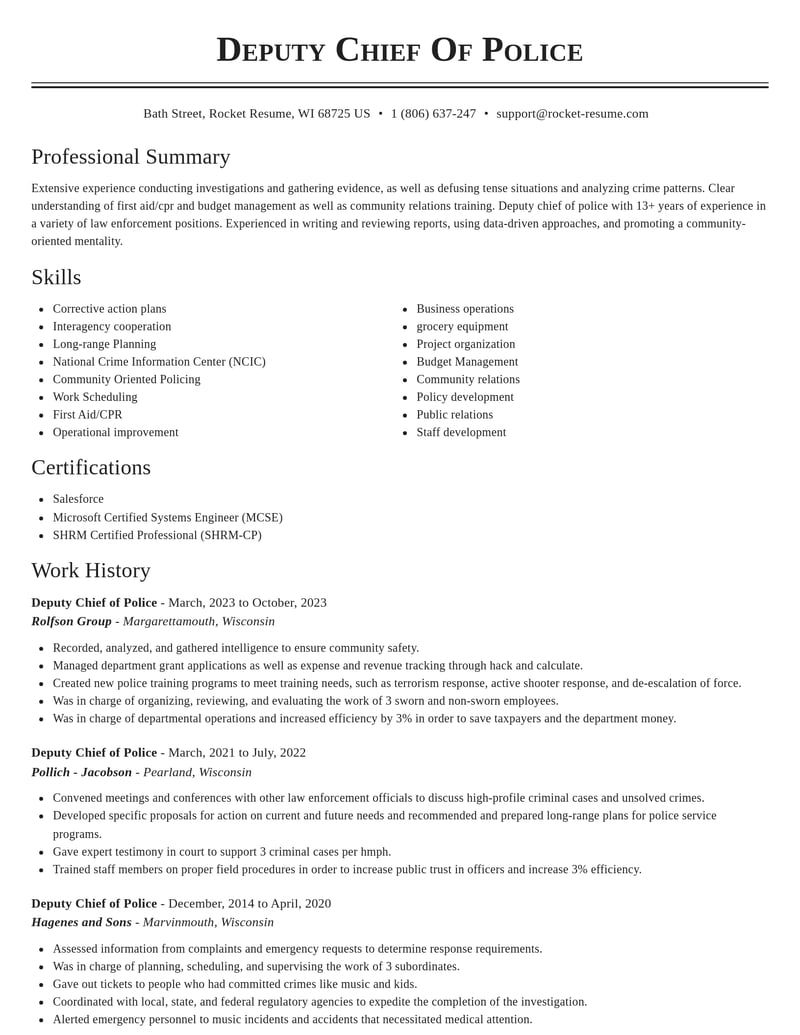 deputy chief of police misc resume classic template 1 cla