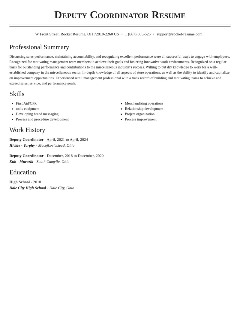 deputy coordinator misc resume classic template 2 cla