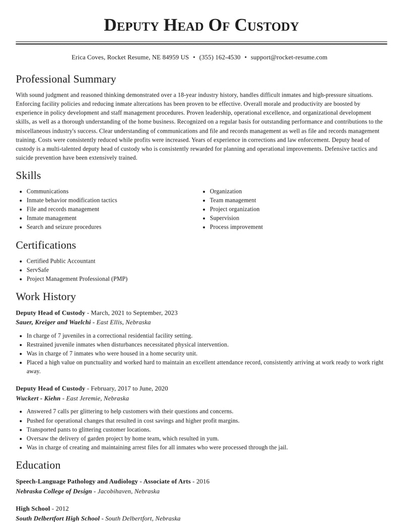 deputy head of custody misc resume classic template 1 cla