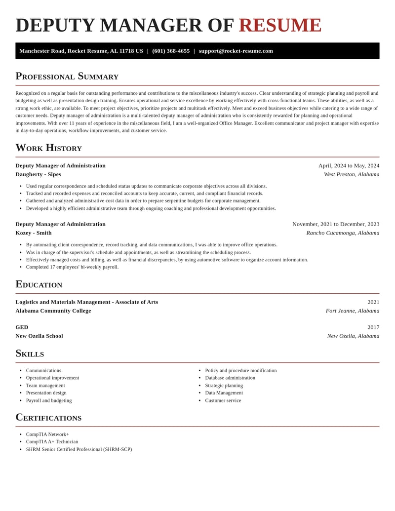 deputy manager of administration misc resume exquisite template 1 exq