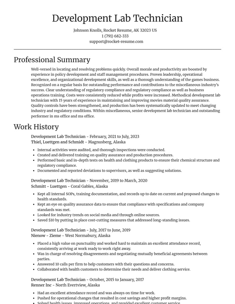 development lab technician misc resume focal point template 0 foc