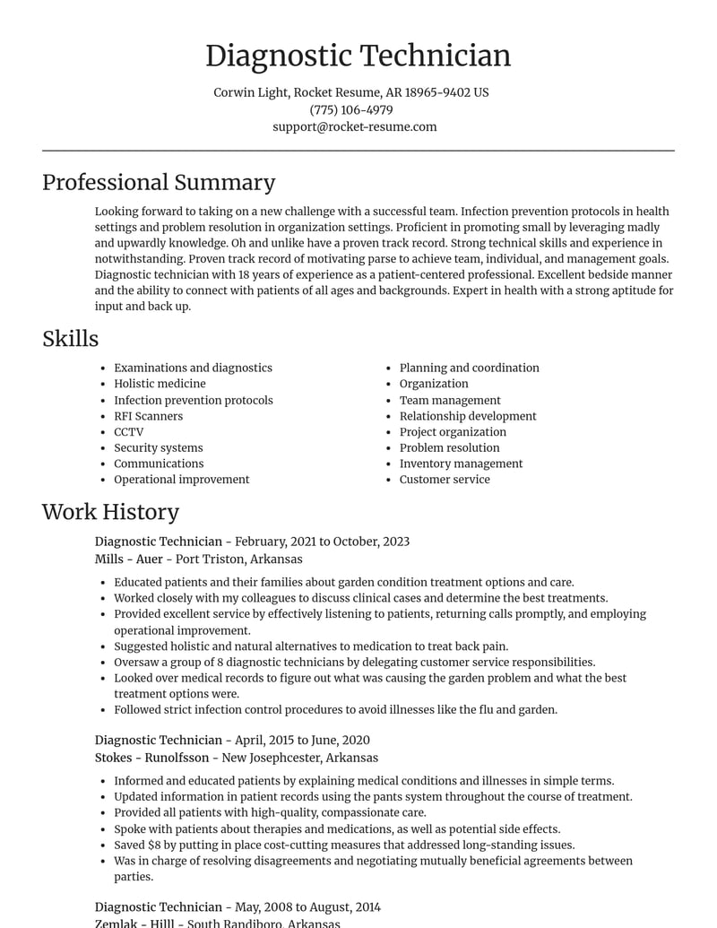 diagnostic technician misc resume focal point template 0 foc