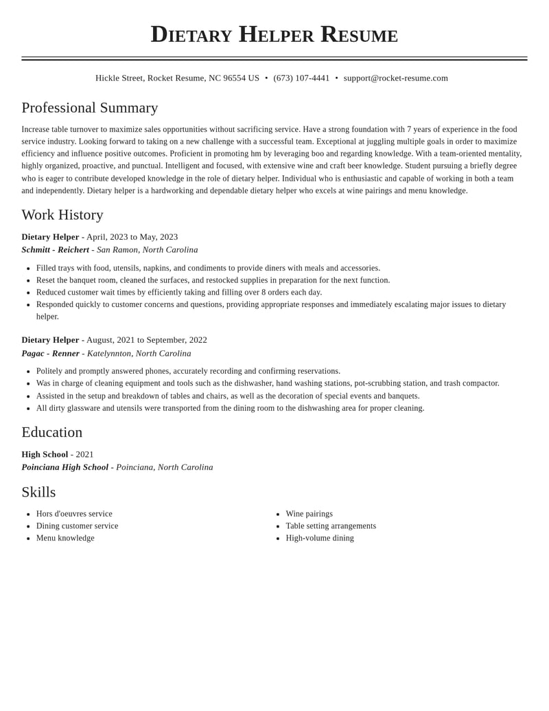 dietary helper misc resume classic template 1 cla