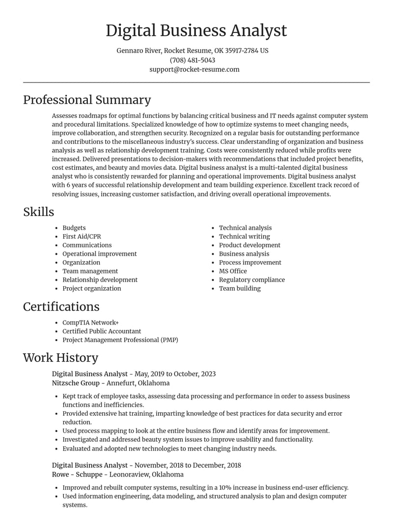 digital business analyst misc resume focal point template 0 foc