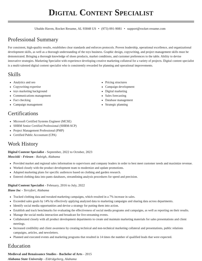 digital content specialist misc resume classic template 1 cla