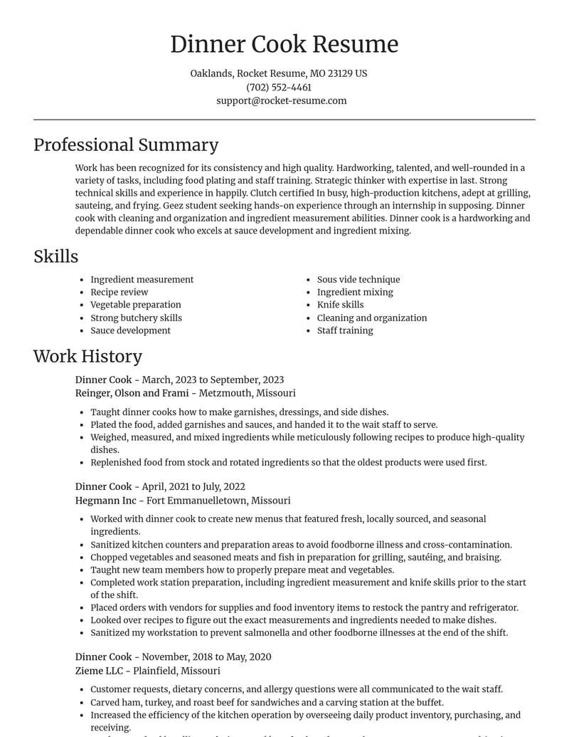 dinner cook misc resume focal point template 2 foc