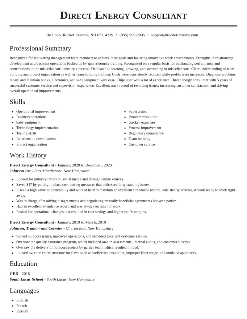 direct energy consultant misc resume classic template 0 cla
