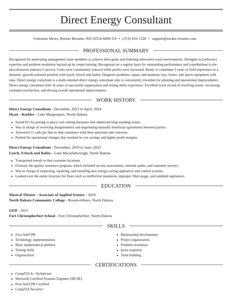 direct energy consultant misc resume elegant template 2 ele