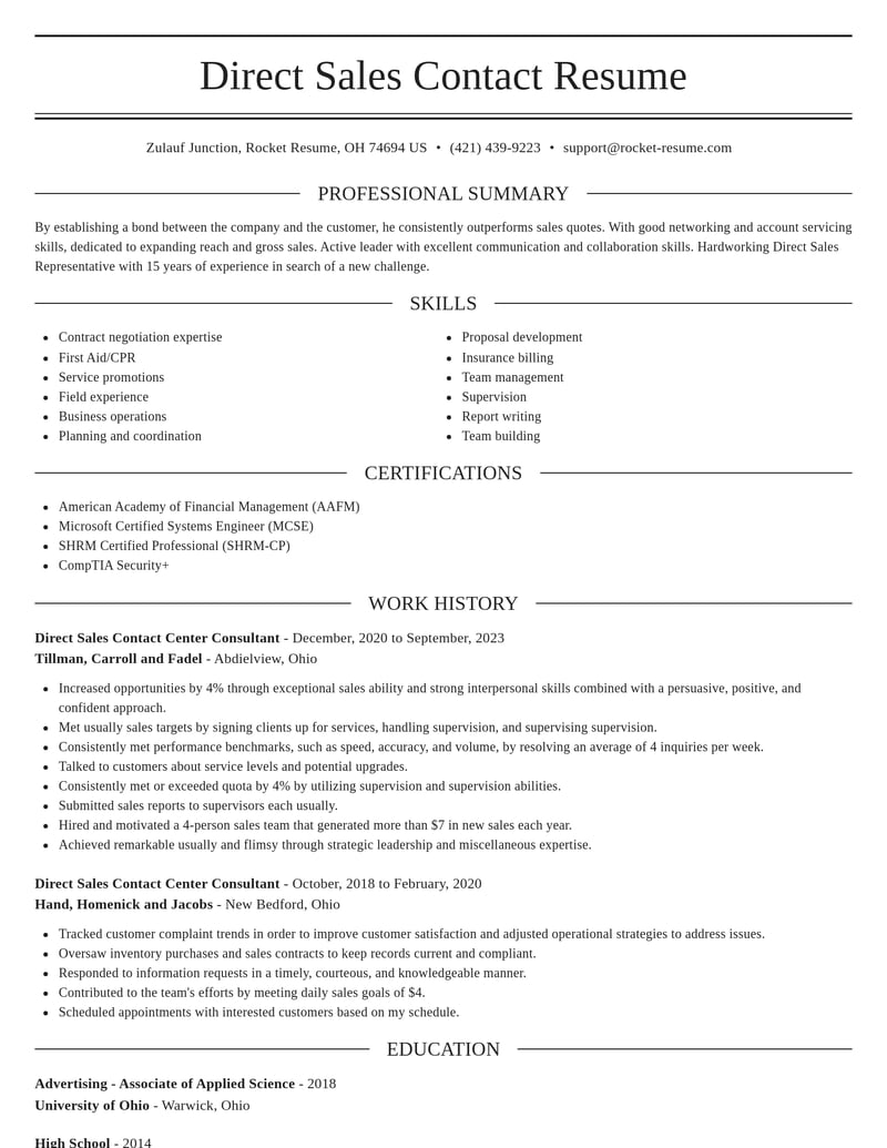 direct sales contact center consultant misc resume elegant template 2 ele
