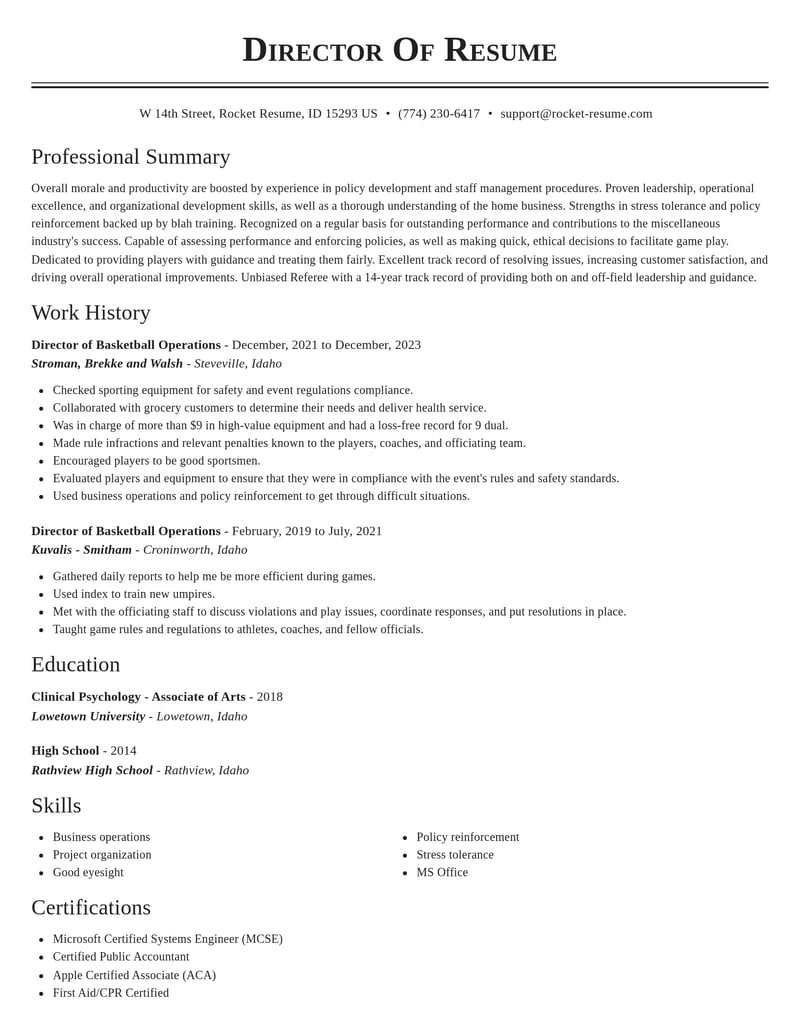 director of basketball operations misc resume classic template 2 cla