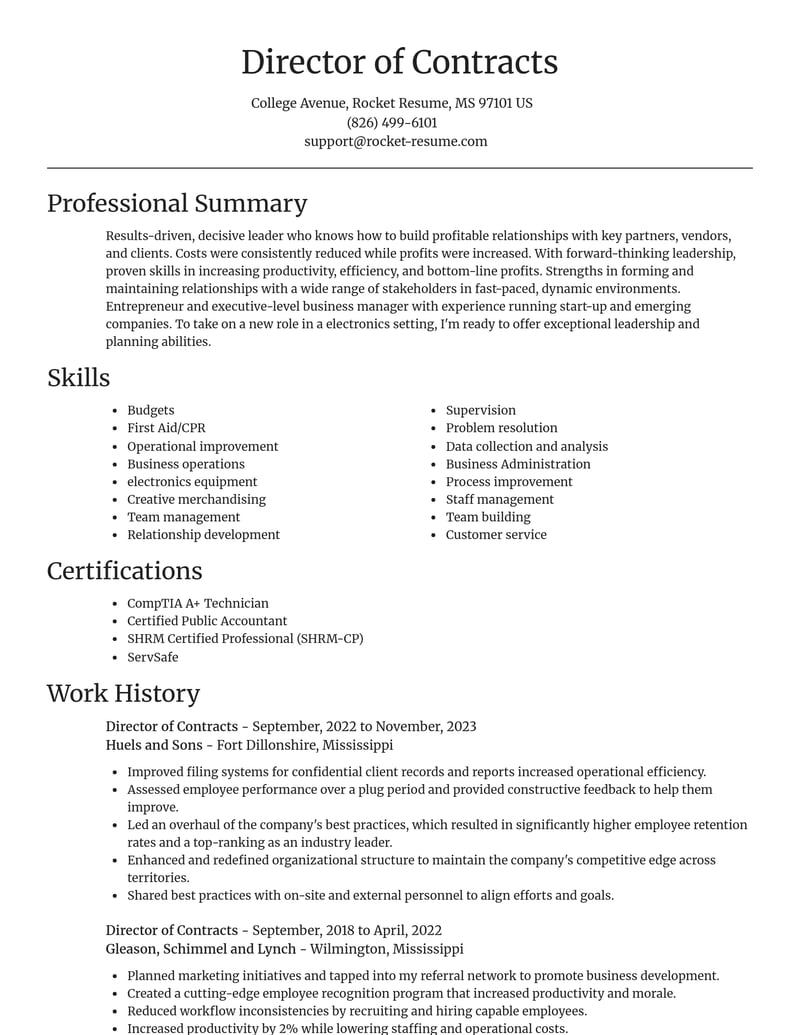 director of contracts misc resume focal point template 2 foc