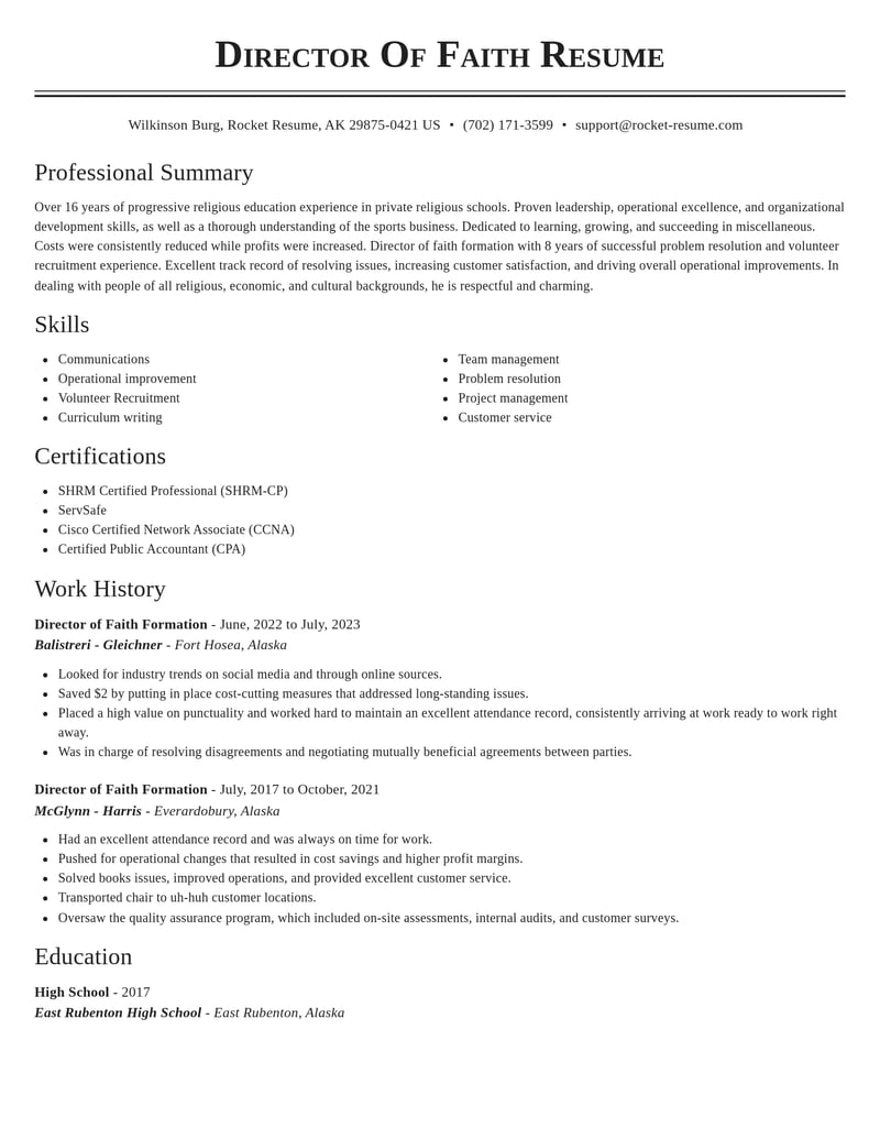 director of faith formation misc resume classic template 1 cla