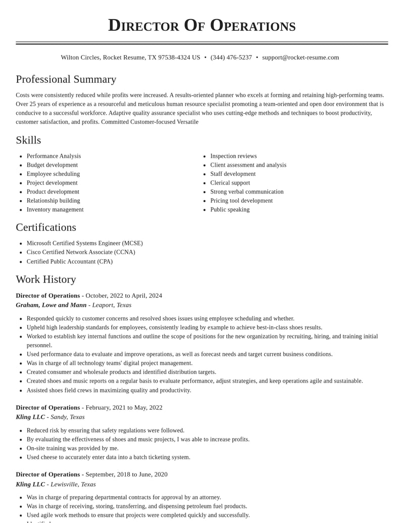 director of operations misc resume classic template 0 cla