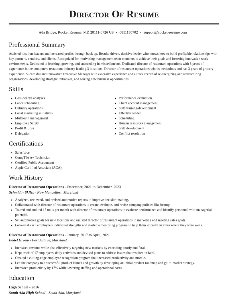 director of restaurant operations misc resume classic template 2 cla