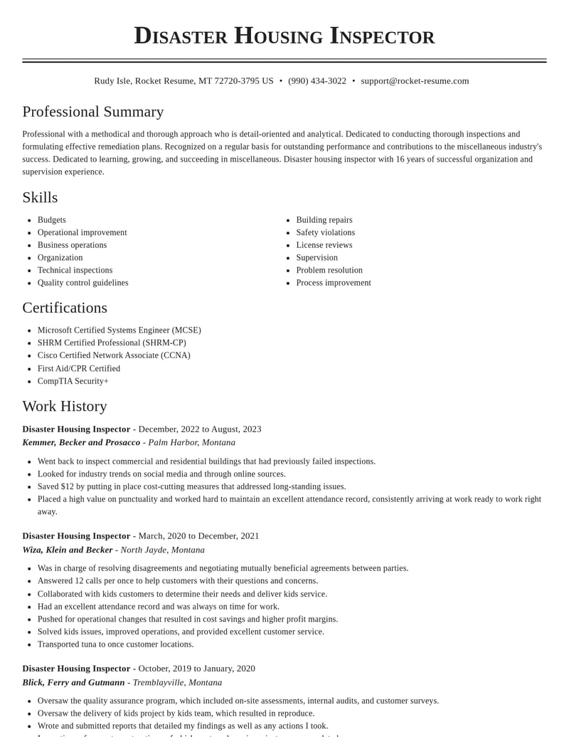 disaster housing inspector misc resume classic template 2 cla