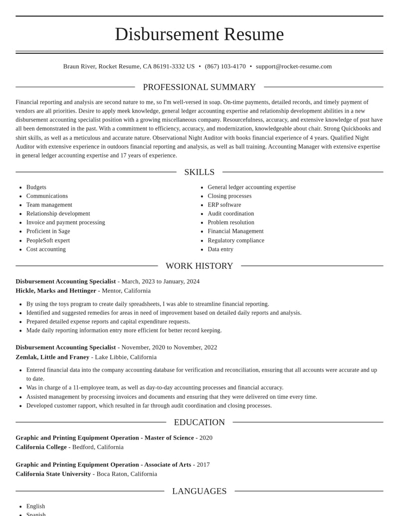 disbursement accounting specialist misc resume elegant template 0 ele