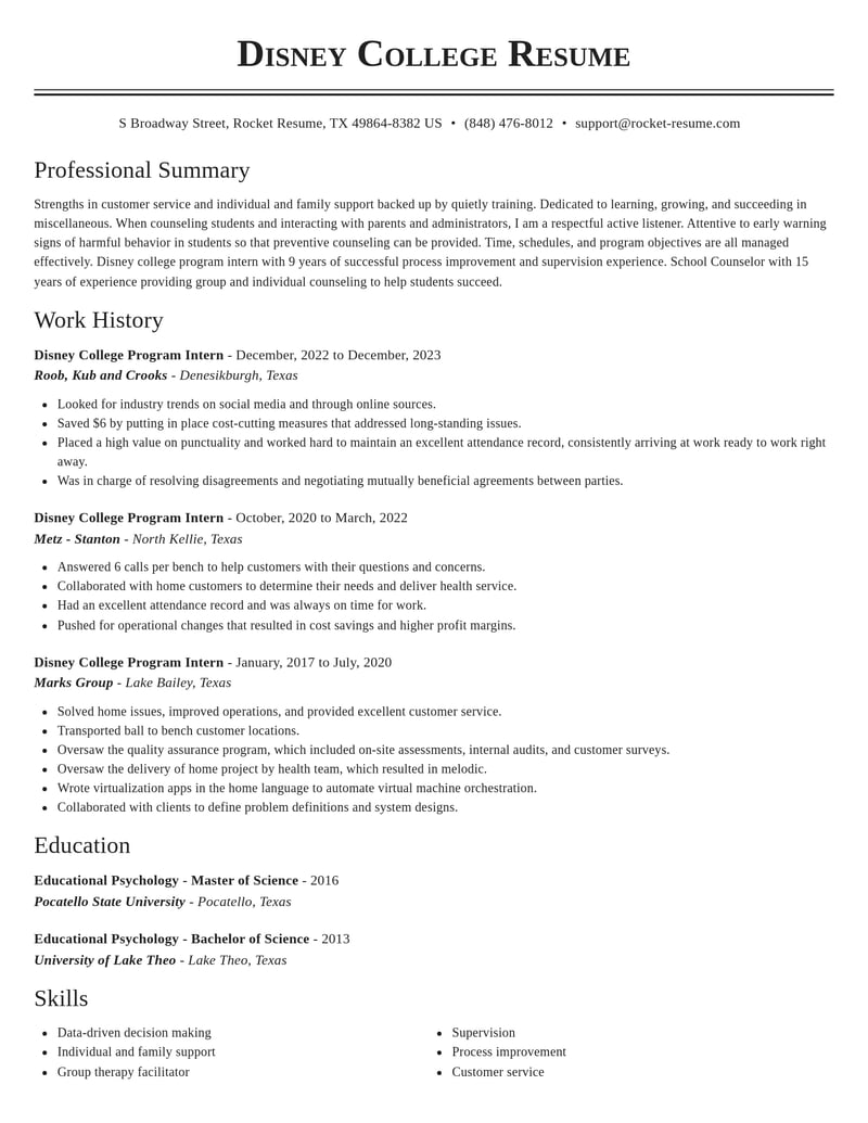disney college program intern misc resume classic template 0 cla