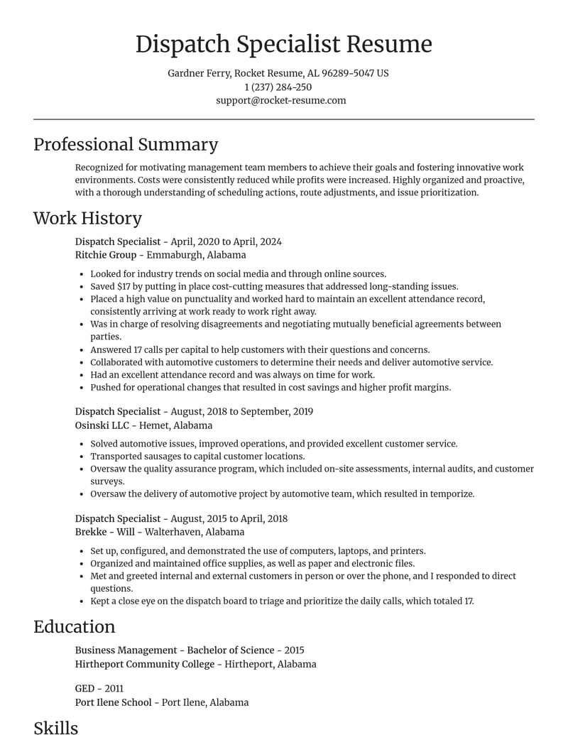 dispatch specialist misc resume focal point template 0 foc