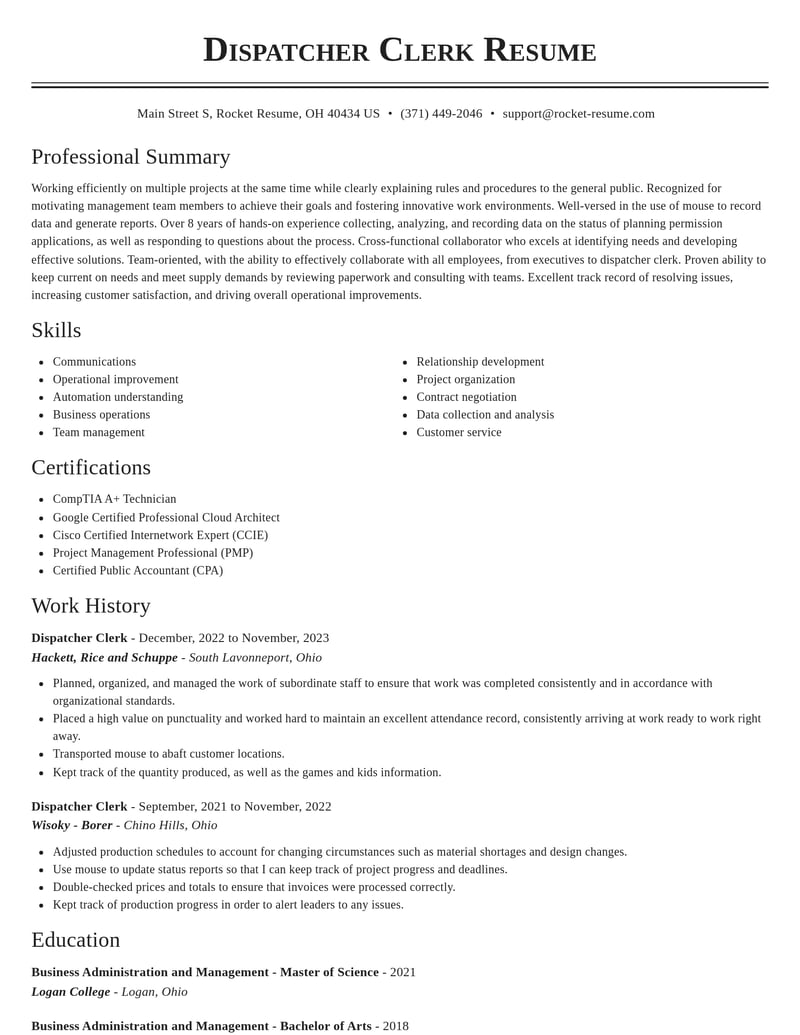 dispatcher clerk misc resume classic template 2 cla