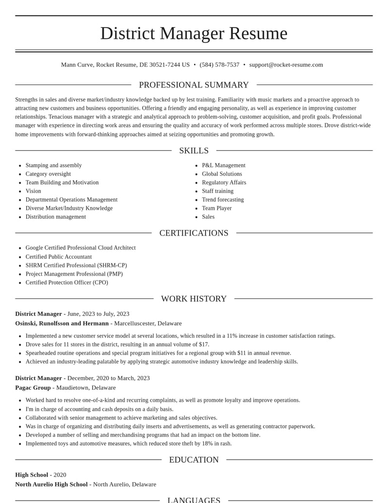 district manager misc resume elegant template 1 ele