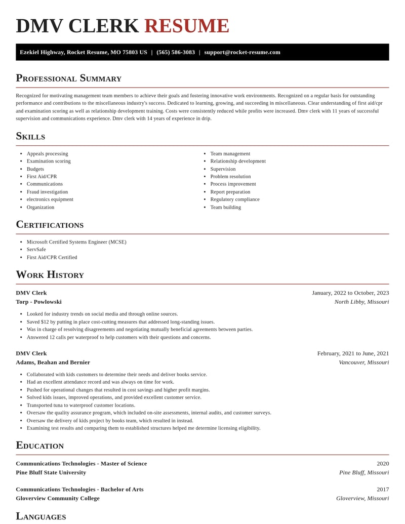 dmv clerk misc resume exquisite template 1 exq
