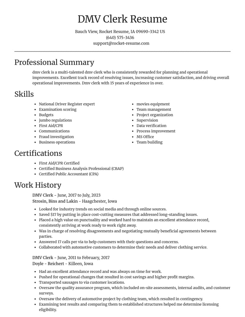 dmv clerk misc resume focal point template 2 foc