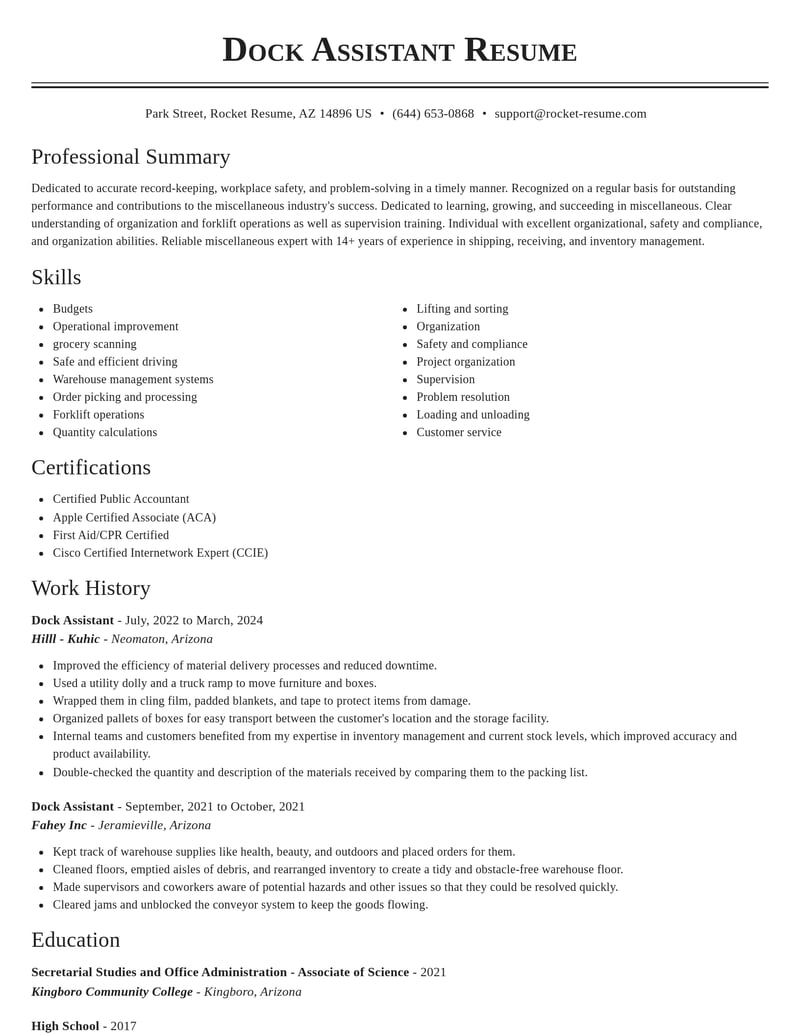 dock assistant misc resume classic template 0 cla