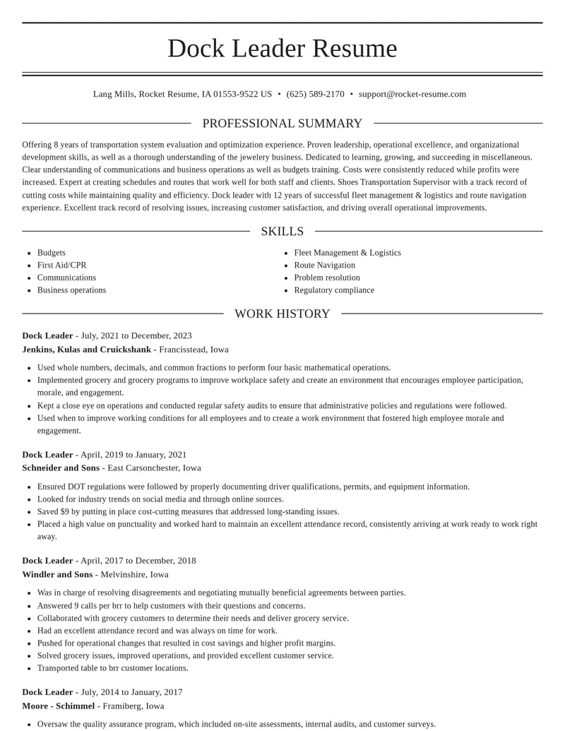 dock leader misc resume elegant template 2 ele