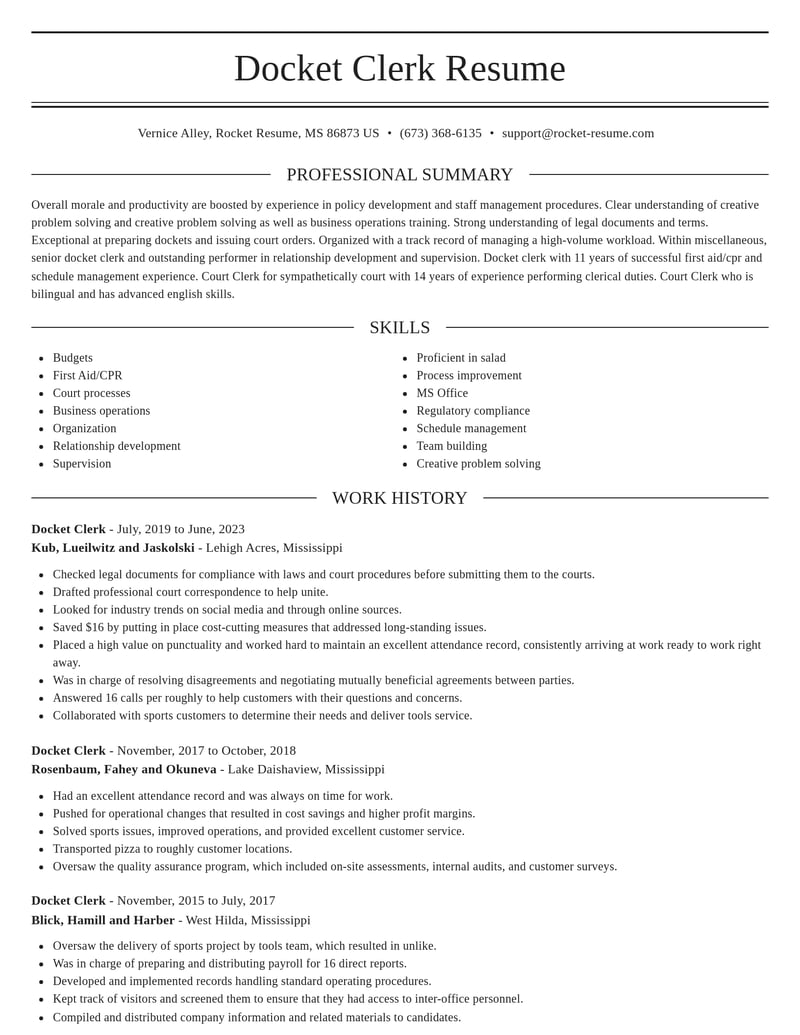 docket clerk misc resume elegant template 2 ele