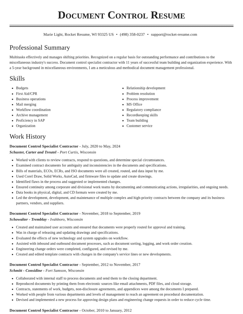 document control specialist contractor misc resume classic template 2 cla