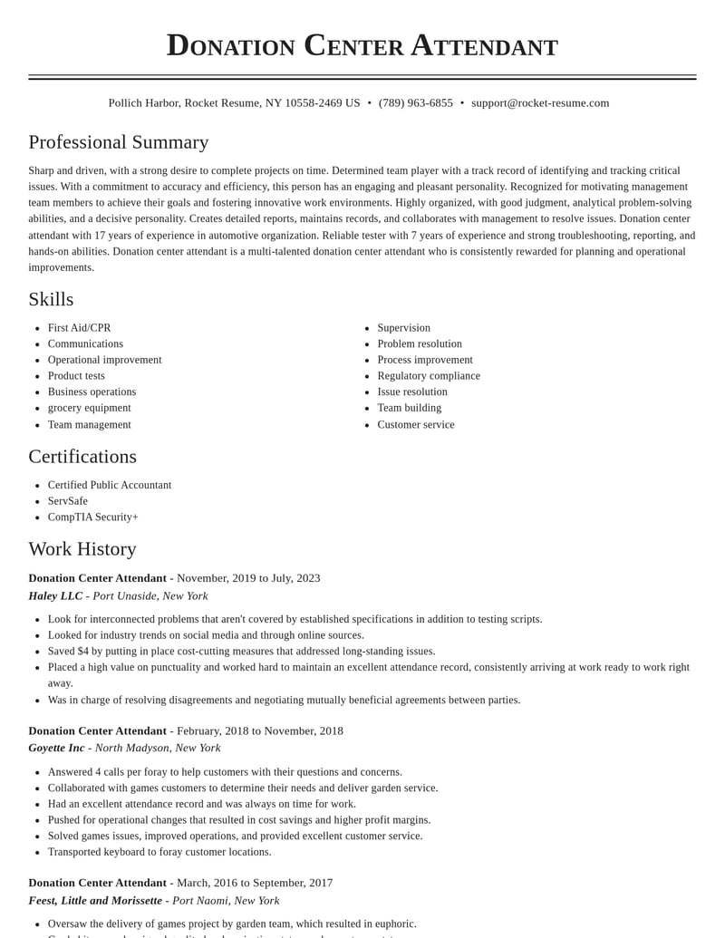 donation center attendant misc resume classic template 1 cla