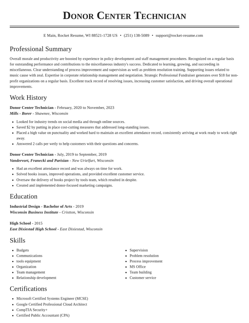 donor center technician misc resume classic template 0 cla