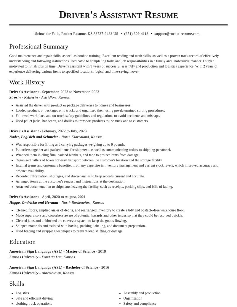 drivers assistant misc resume classic template 1 cla
