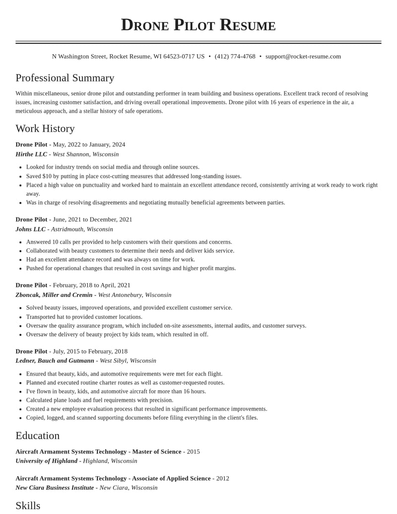 drone pilot misc resume classic template 2 cla