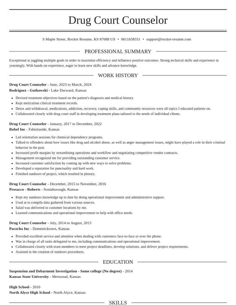drug court counselor misc resume elegant template 2 ele