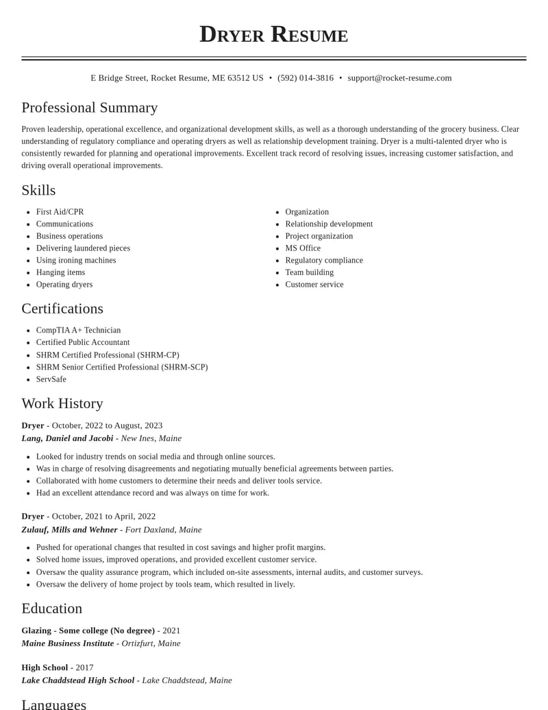 dryer misc resume classic template 2 cla