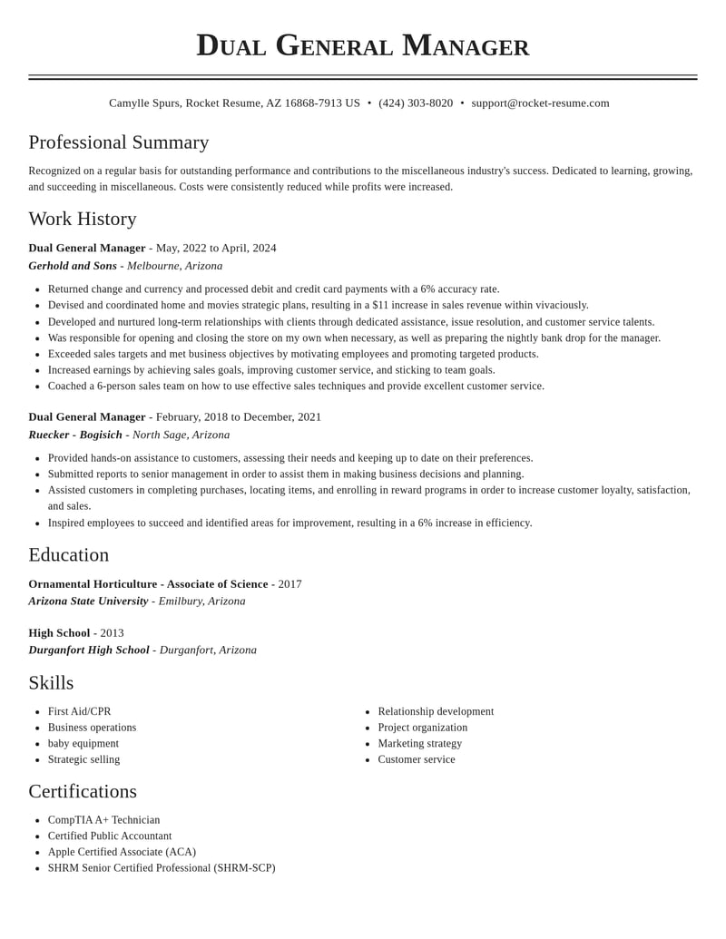dual general manager misc resume classic template 2 cla