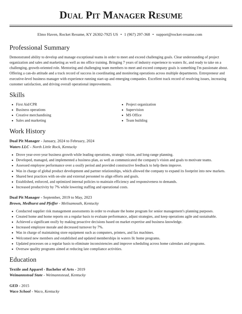 dual pit manager misc resume classic template 2 cla