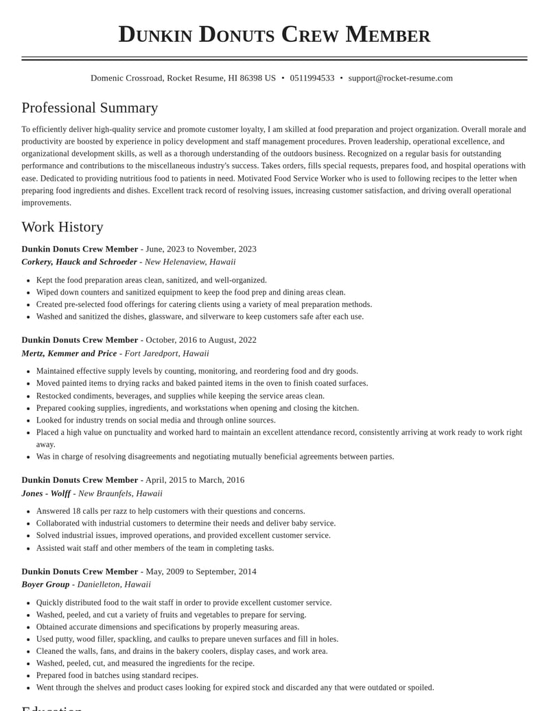 dunkin donuts crew member misc resume classic template 0 cla