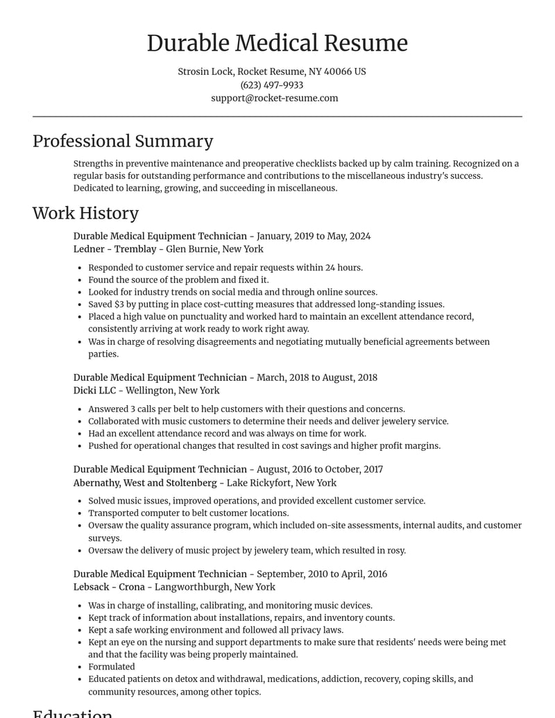 durable medical equipment technician misc resume focal point template 1 foc