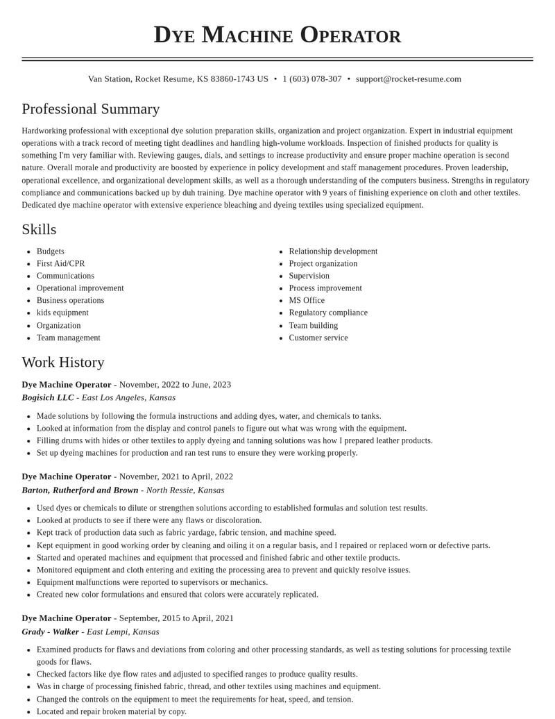 dye machine operator misc resume classic template 1 cla