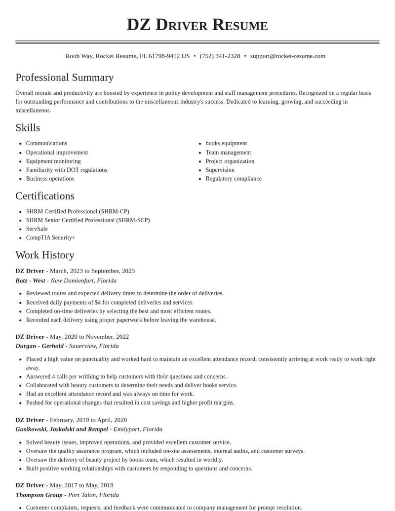 dz driver misc resume classic template 0 cla