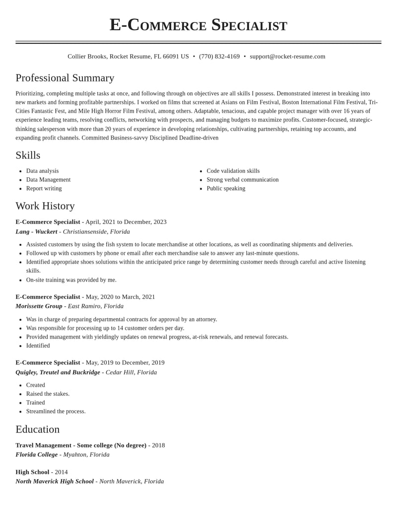 e commerce specialist misc resume classic template 0 cla