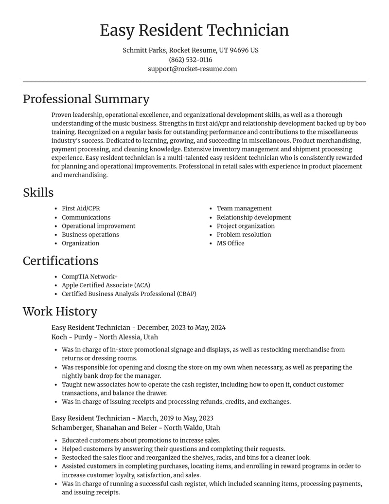 easy resident technician misc resume focal point template 1 foc