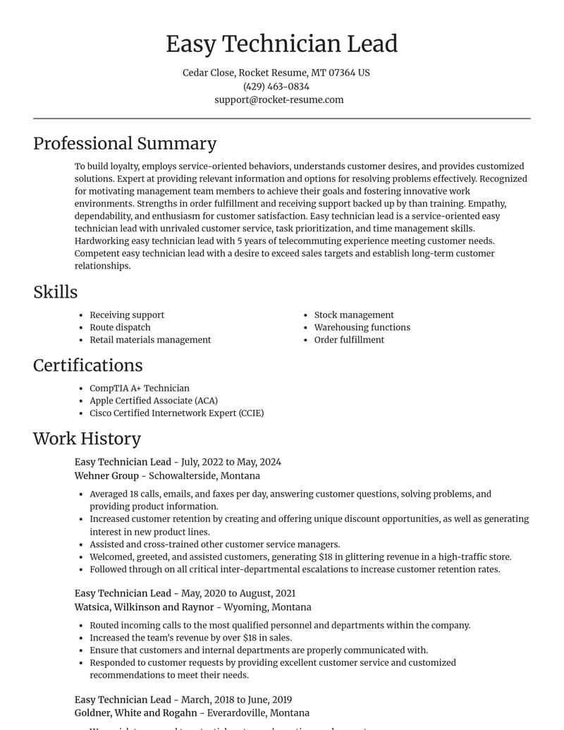 easy technician lead misc resume focal point template 1 foc
