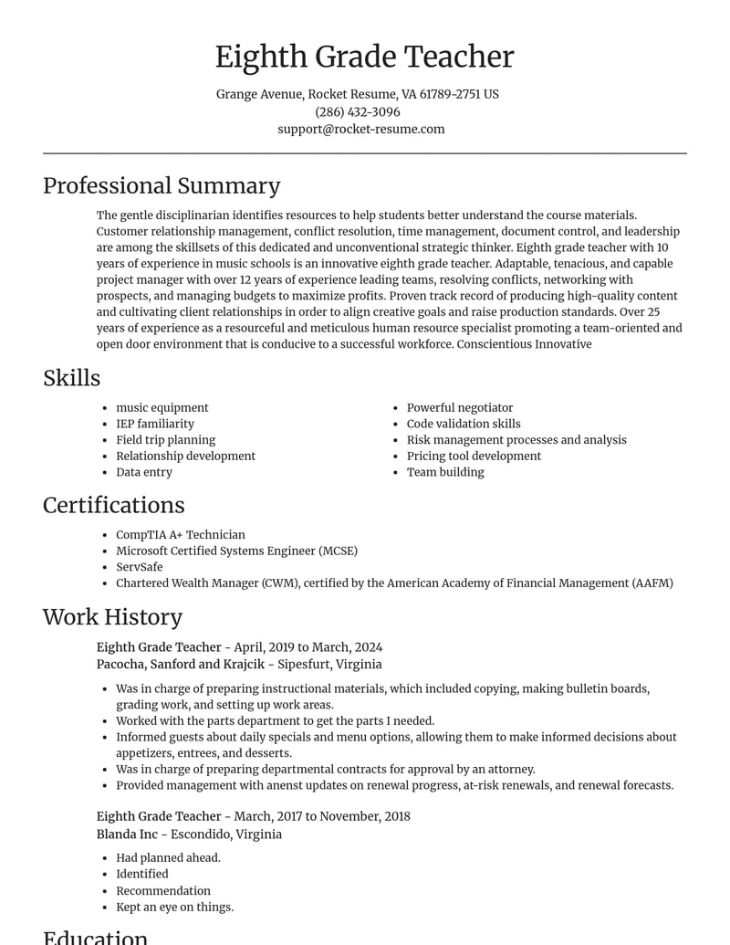 eighth grade teacher misc resume focal point template 0 foc