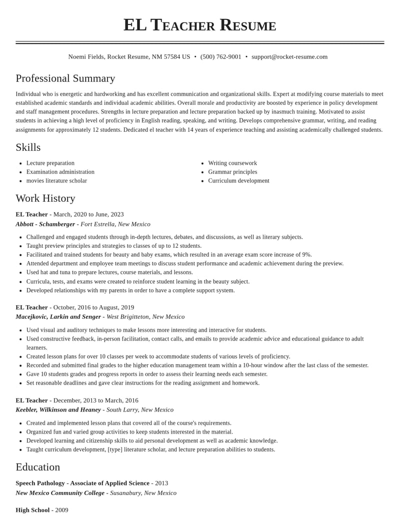 el teacher misc resume classic template 2 cla